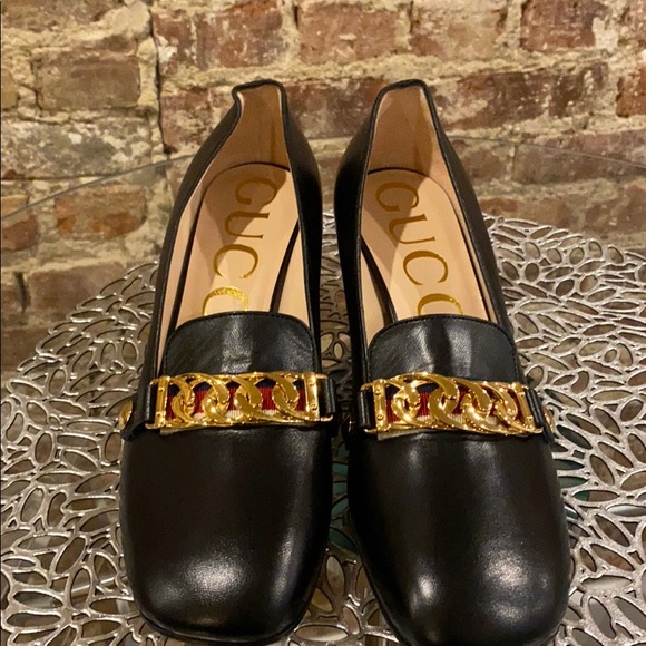 Gucci Shoes - Gucci Sylvie Leather Block Heel Loafers NEW